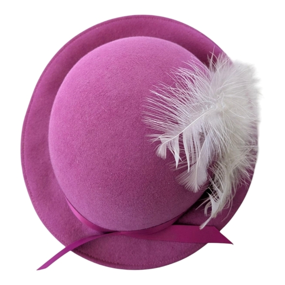 Vintage Bollman Doeskin 100%Wool Felt Hat Fascinator Pink Fuschia Feather Ribbon - Picture 7 of 9